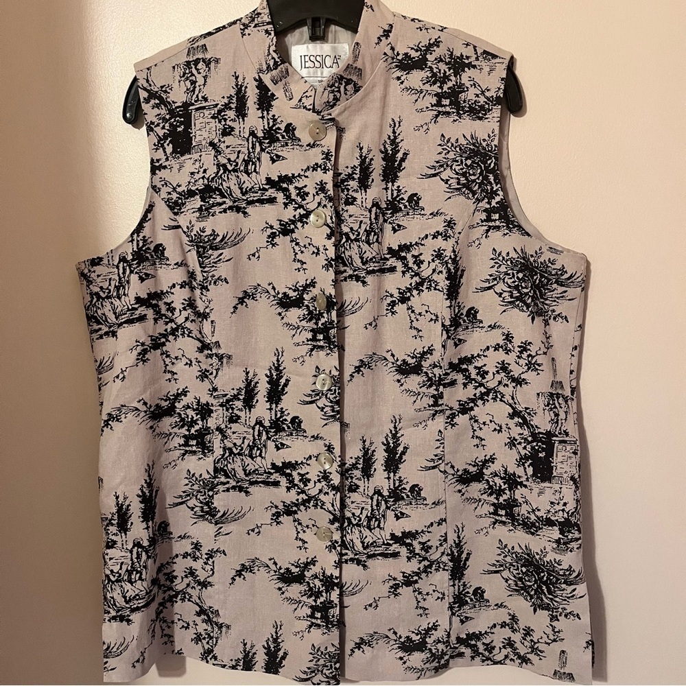 Linen Blend Sleeveless Toile Print Button Up Top